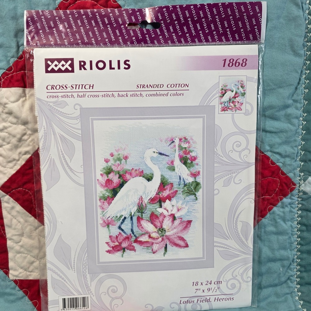 Riolis Cross-Stitch Kit 1868 Lotus Field Herons White Bird Floral Nature NEW